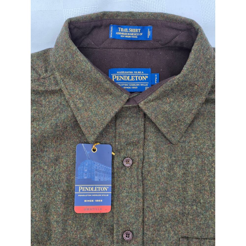 Pendleton TRAIL Shirt Mens Large Tall Heather Green Wool Leather Elbow Patches